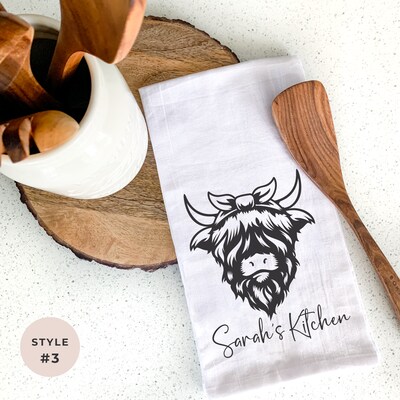 Personalized Name Highland Cow Kitchen Towel, Highland Cow Decor, Custom Kitchen Towel, Flour Sack Tea Towel, Farm Kitchen Decor - image3